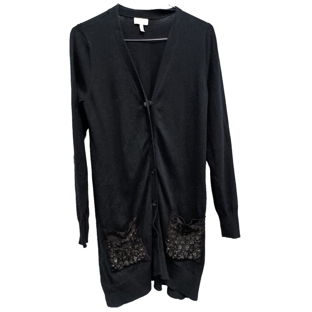 LOGO Lavish Lori Goldstein Cardigan Womens Small Black Button Up‎ Sequin Holiday